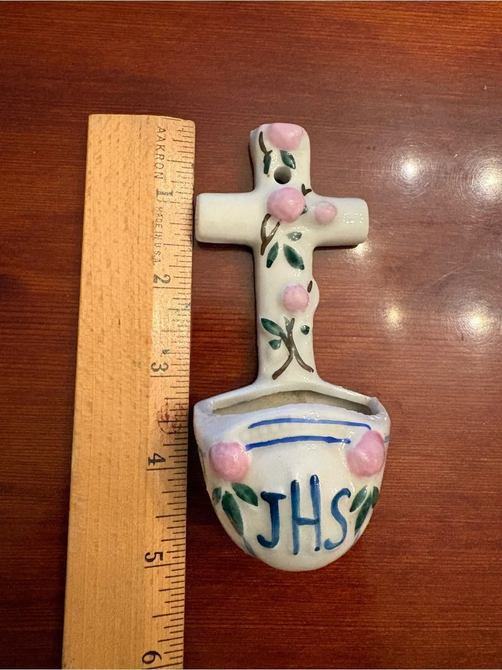 Holy Water Stoup Small Ceramic Cross Wall Pocket with ‘JHS’ Pink Floral Accents.